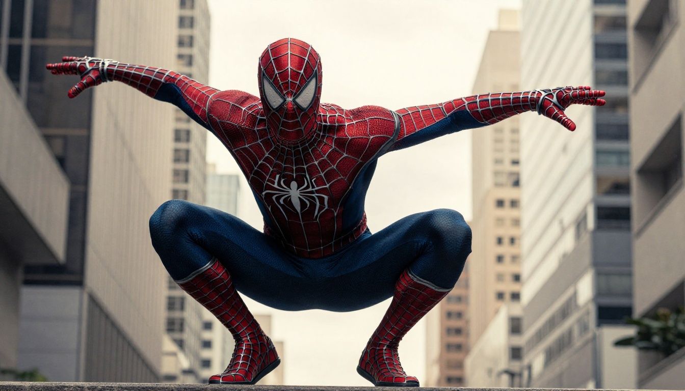 Homem-Aranha balançando entre arranha-céus de uma Nova York moderna ao entardecer, com asas de teia abertas e sensação de velocidade cinematográfica