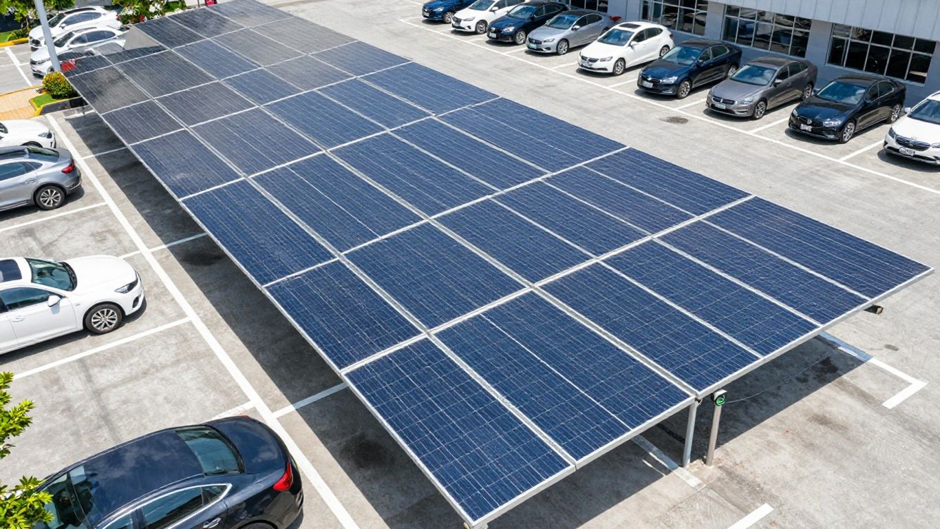 Panneaux solaires couvrant un parking d'entreprise.
