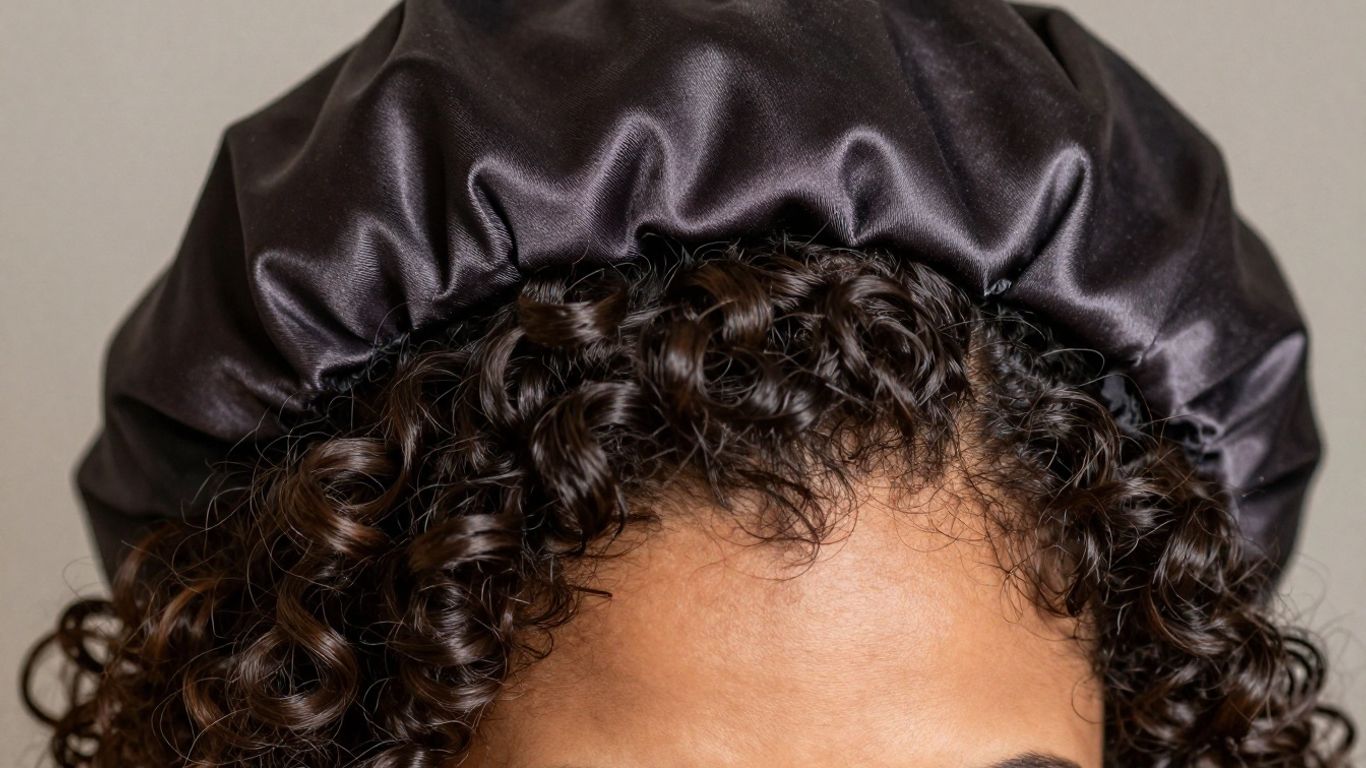 Curly hair tucked safely inside a satin bonnet.
