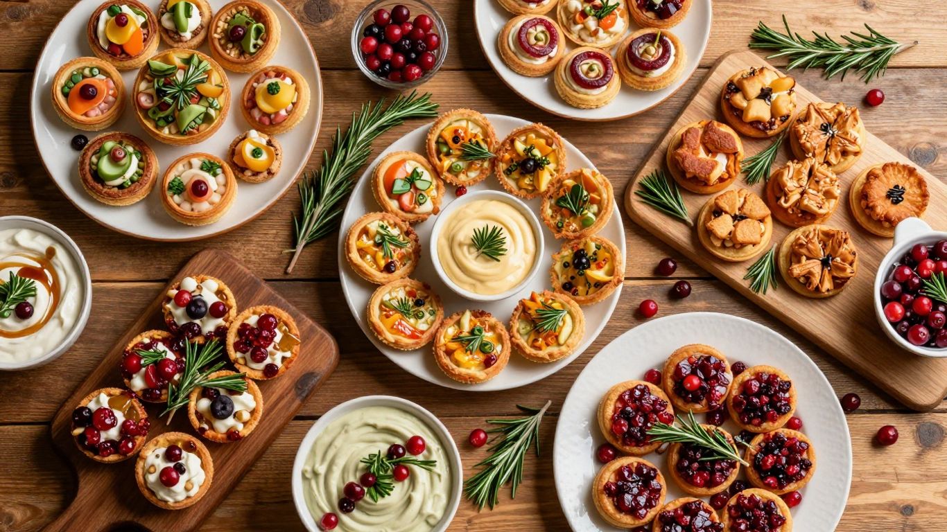 Festive vegan Christmas appetizers on a wooden table.