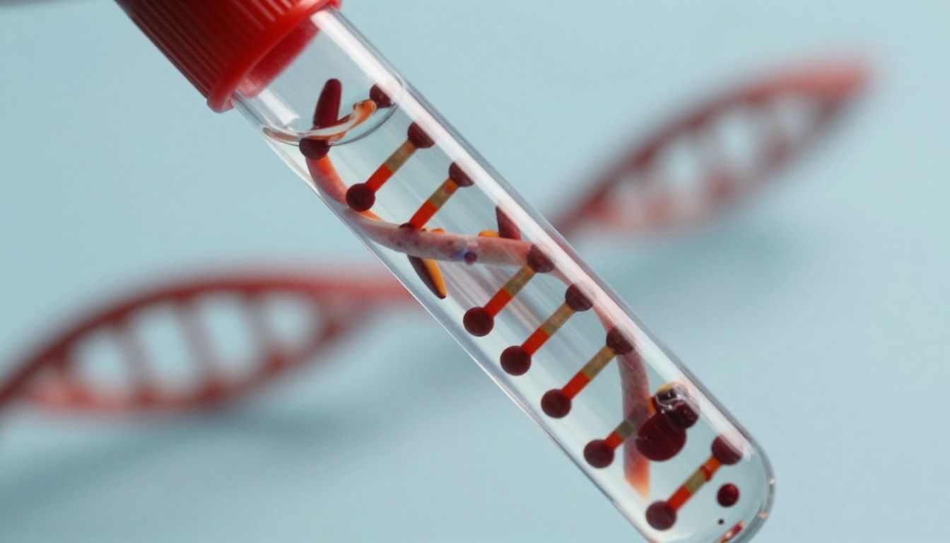 Blood vial next to a DNA helix, representing blood markers over genetic tests.
