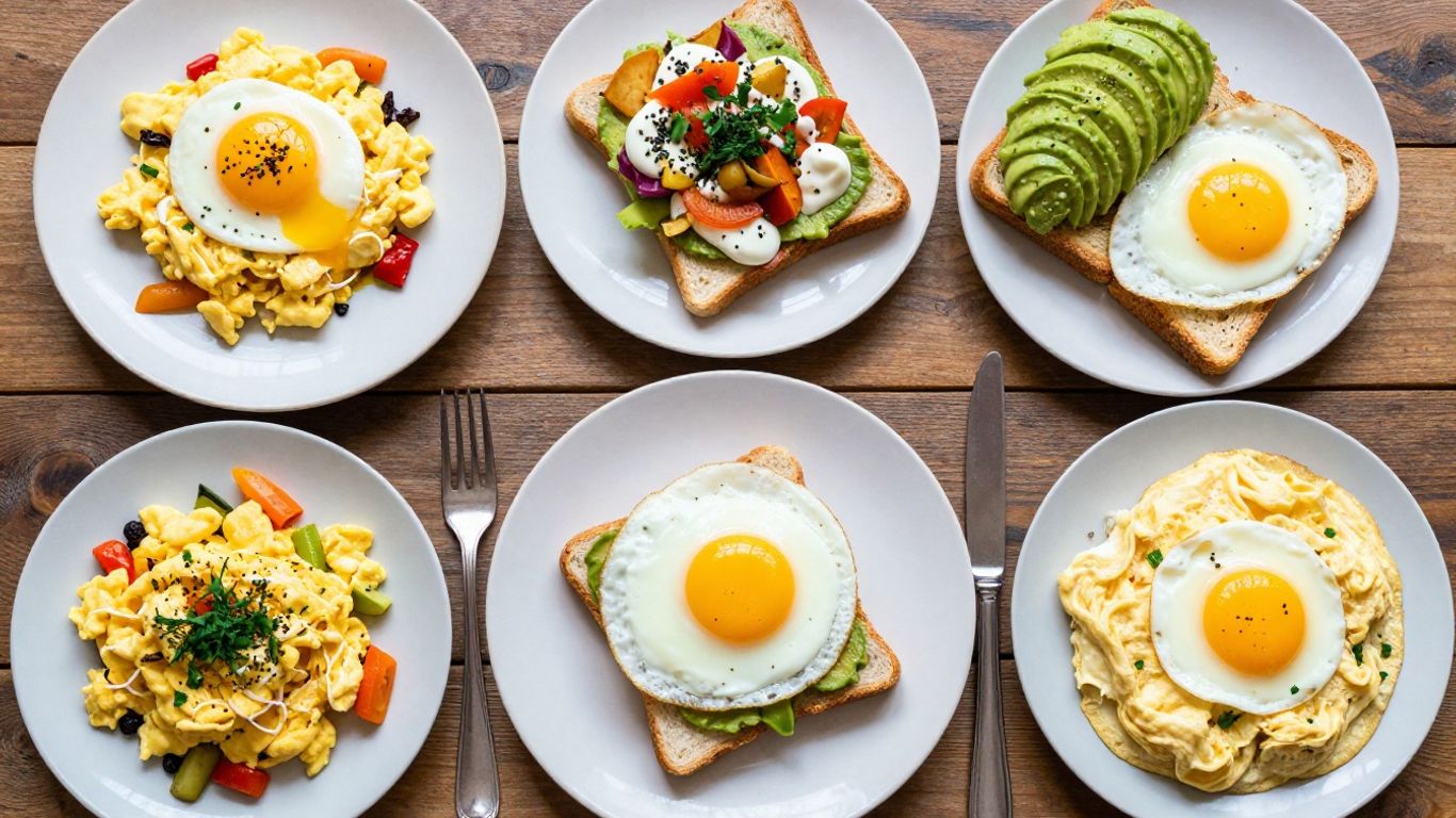 Healthy egg dishes for dinner, including scrambled eggs and omelets.
