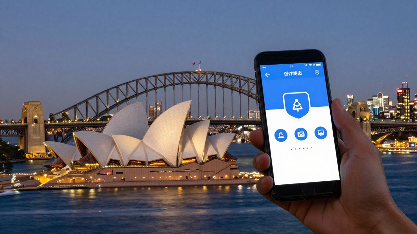 Australian cityscape with person using survey app on phone.
