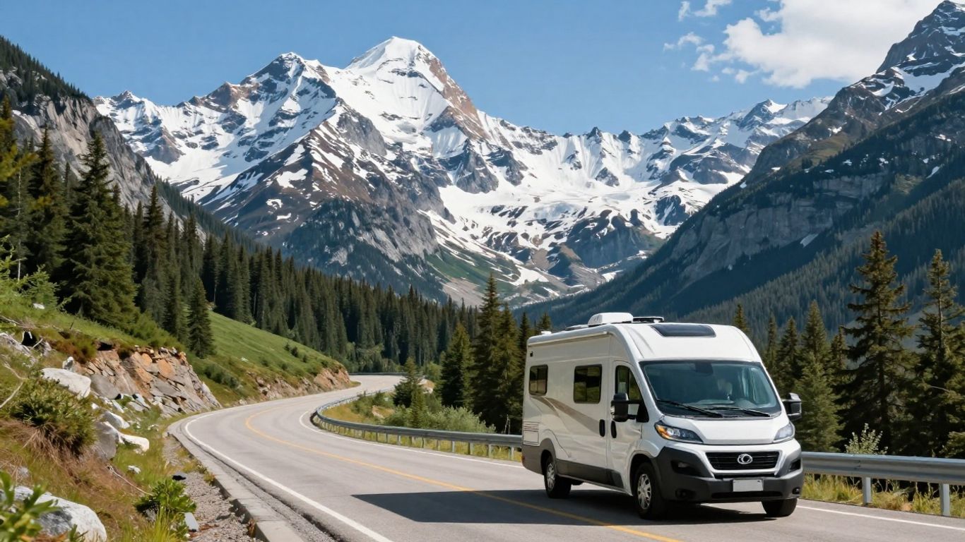 Motorhome driving through scenic Canadian Rockies mountains.
