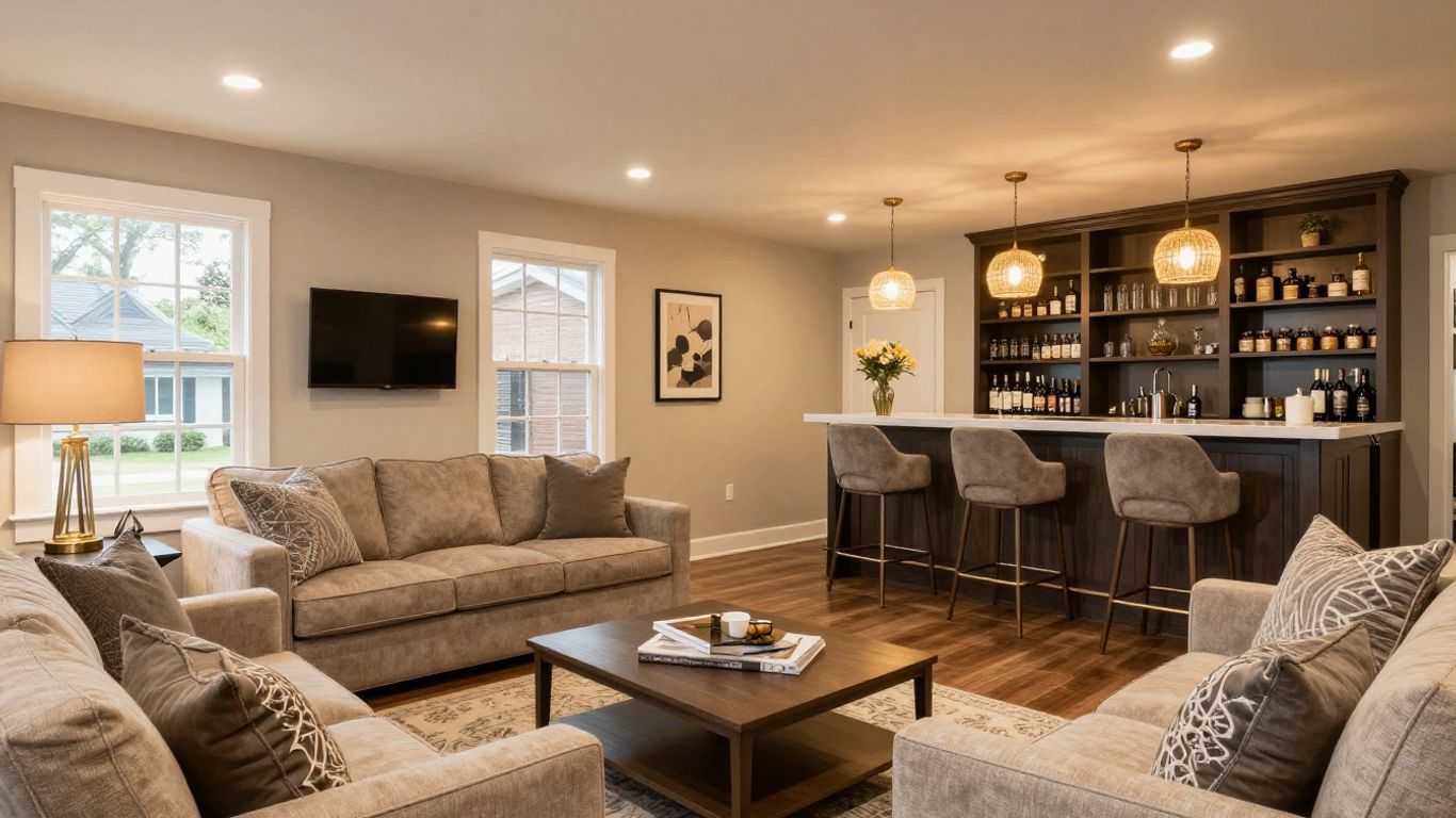 Remodeled basement living area with bar and entertainment center.