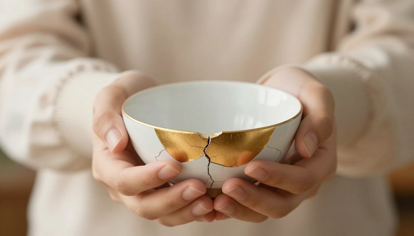 A person's hands gently holding a cracked ceramic bowl that has been repaired with gold, symbolizing healing and restoration after being broken. The background is soft and warm.