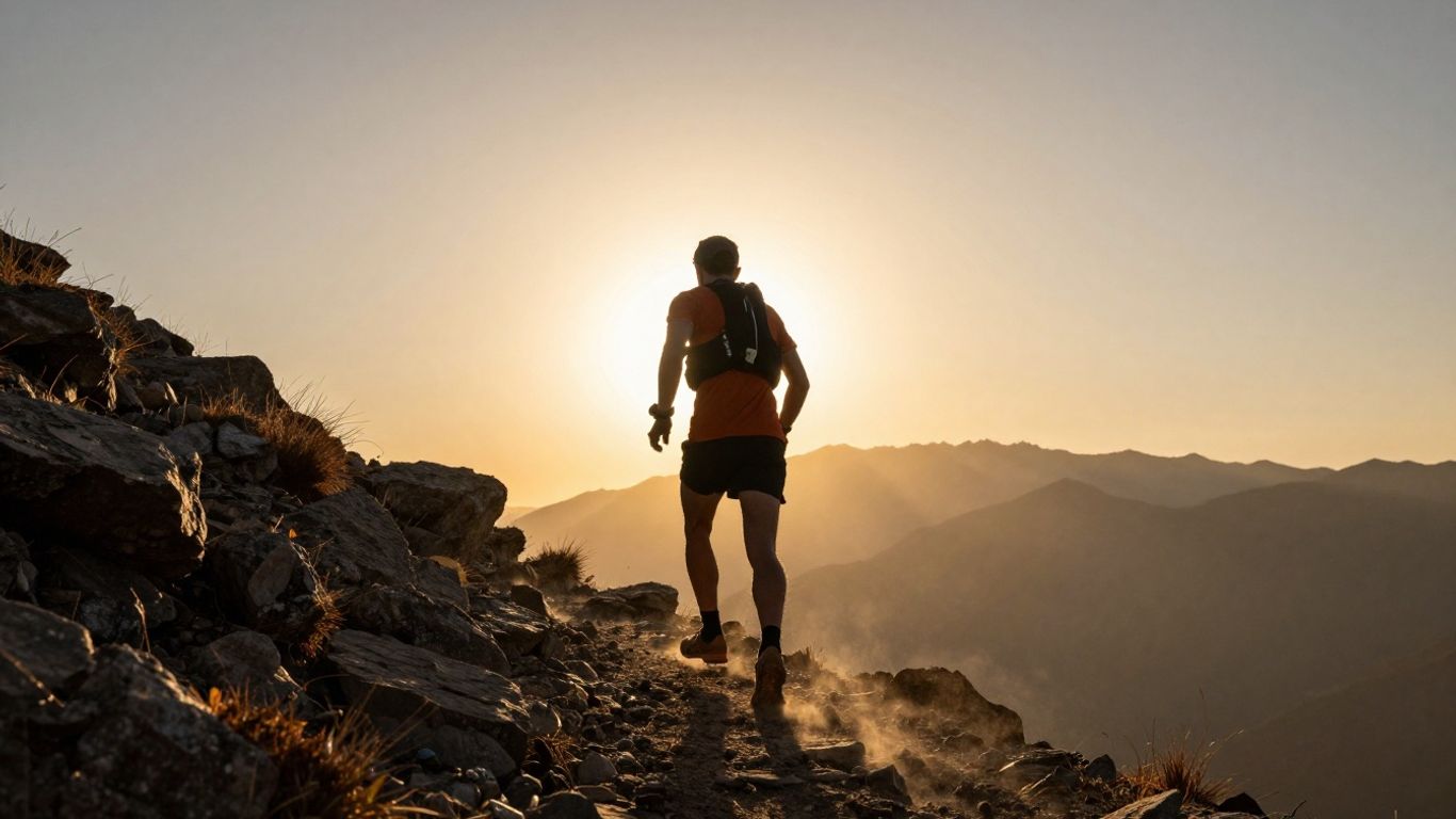 Runner on mountain trail at sunrise