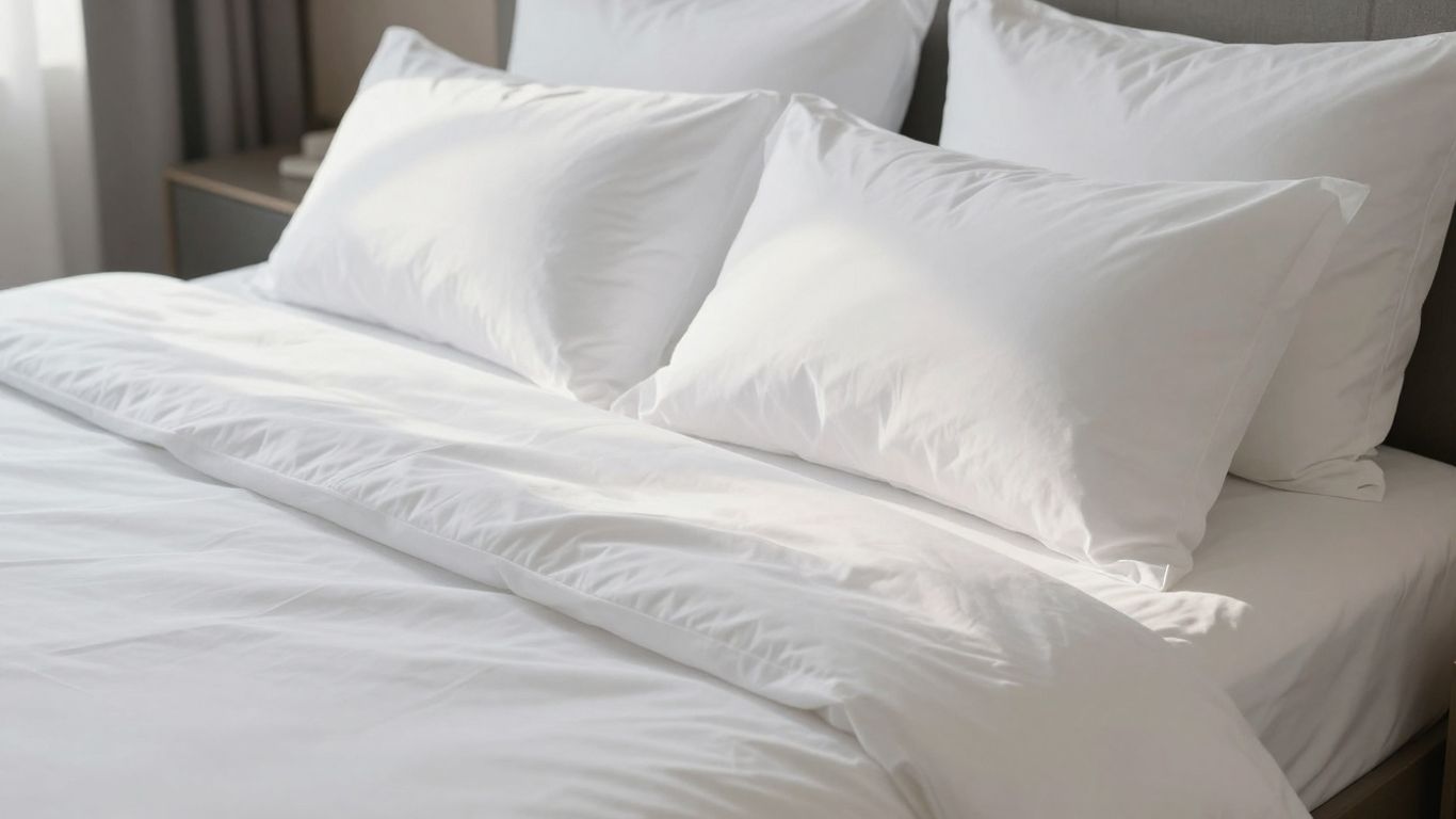 Neatly made bed with white sheets and pillows.