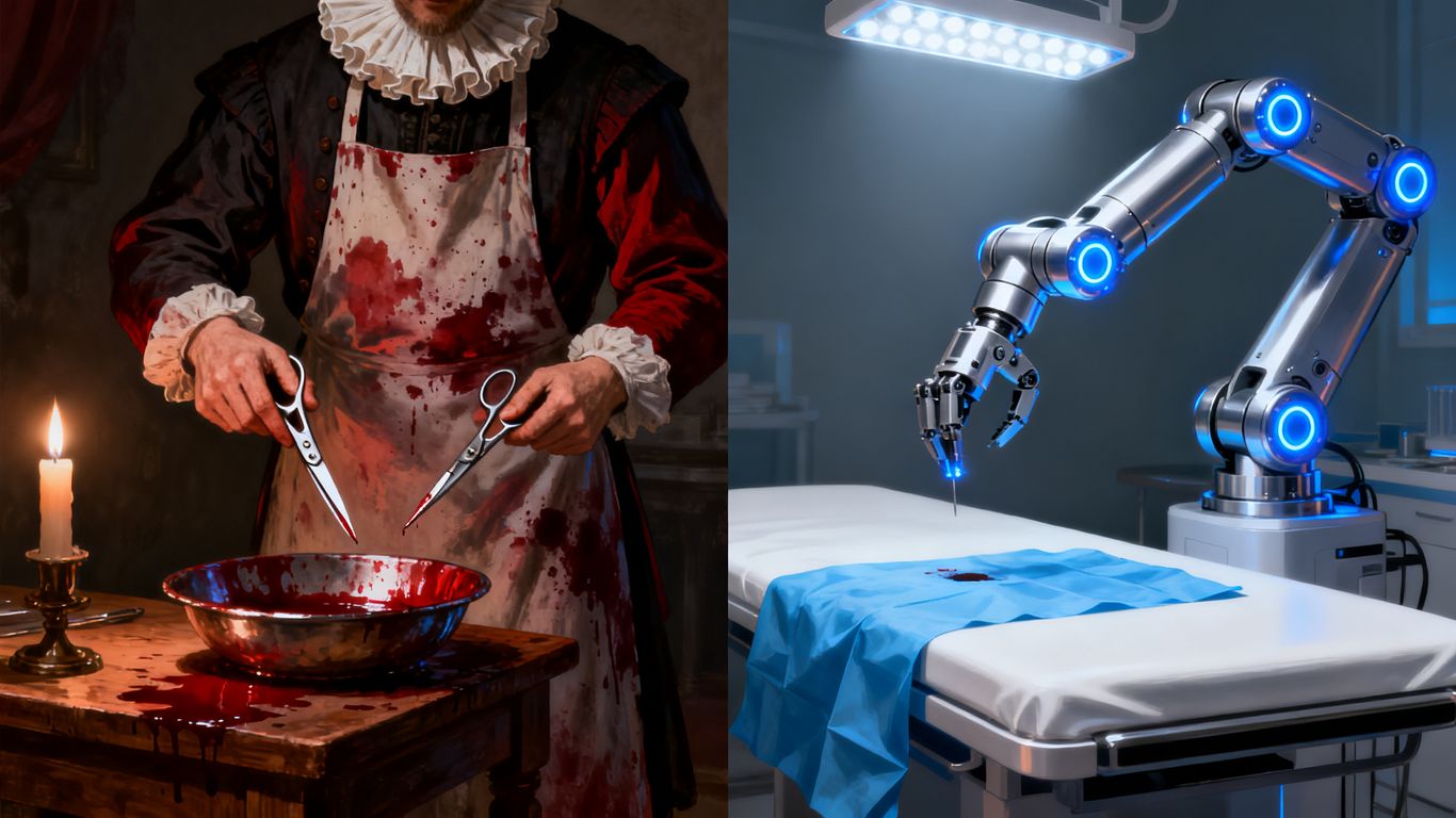 Historical barber surgeon and modern surgical robot.