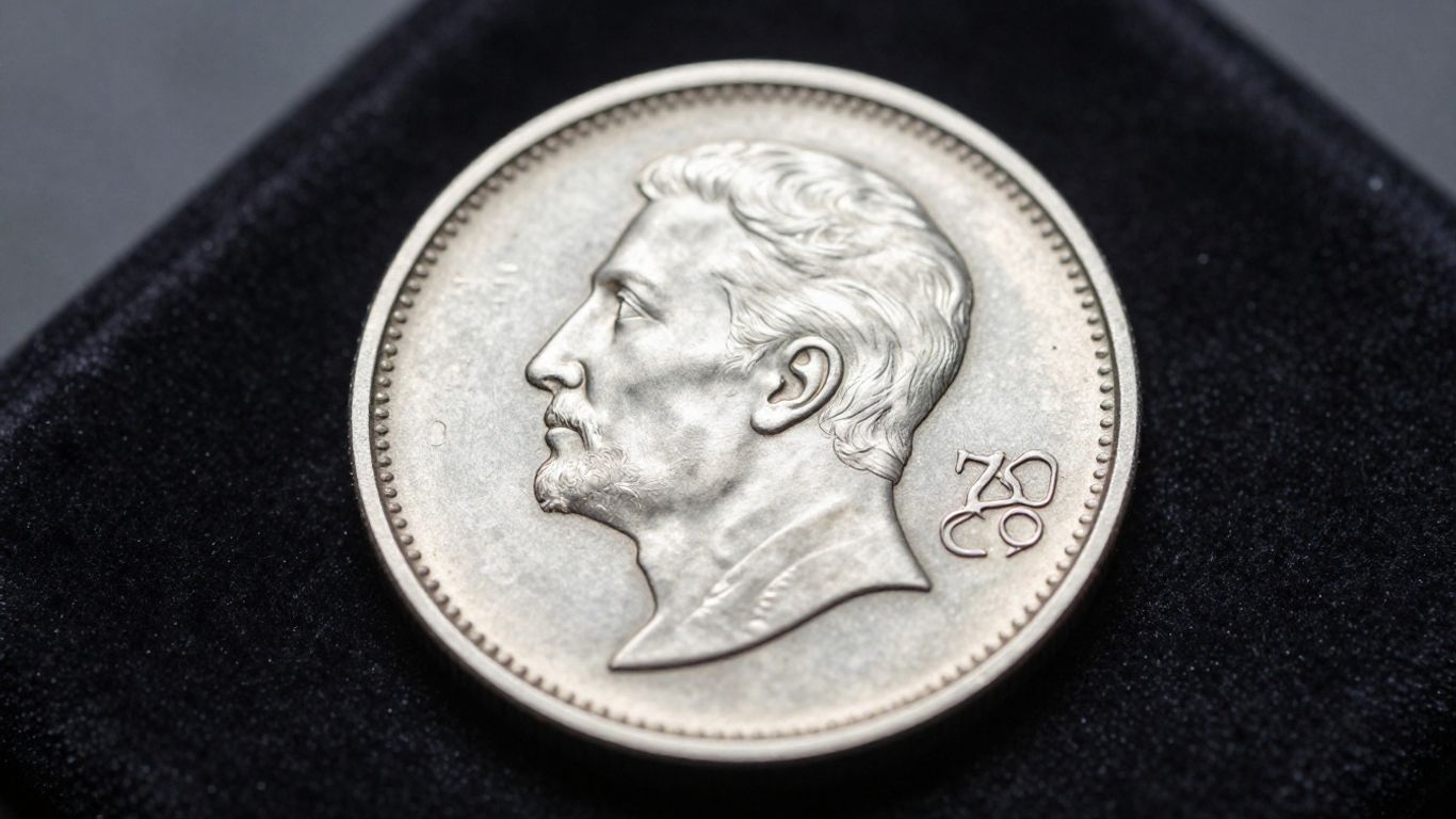 Close-up of a pristine silver coin held by gloved hands.