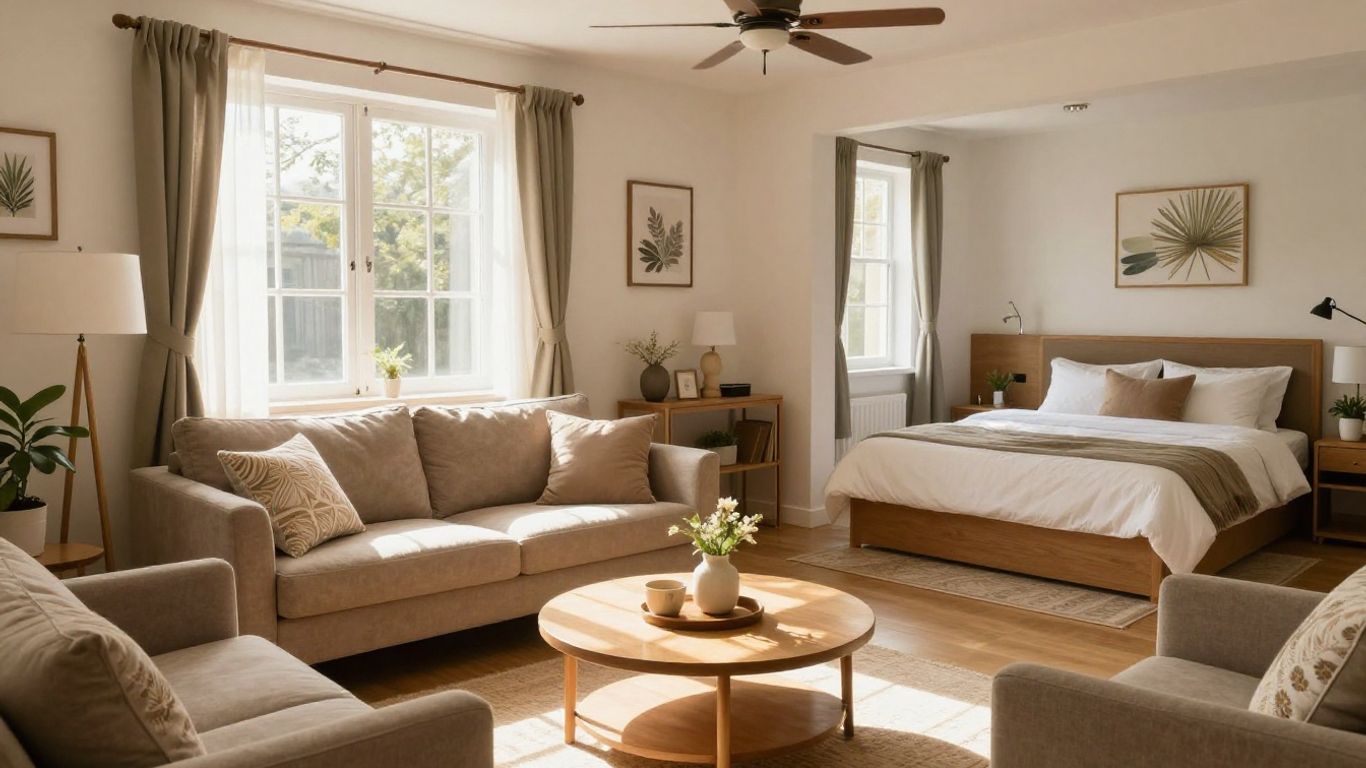 Cozy Airbnb interior with sunlight and comfortable furnishings.