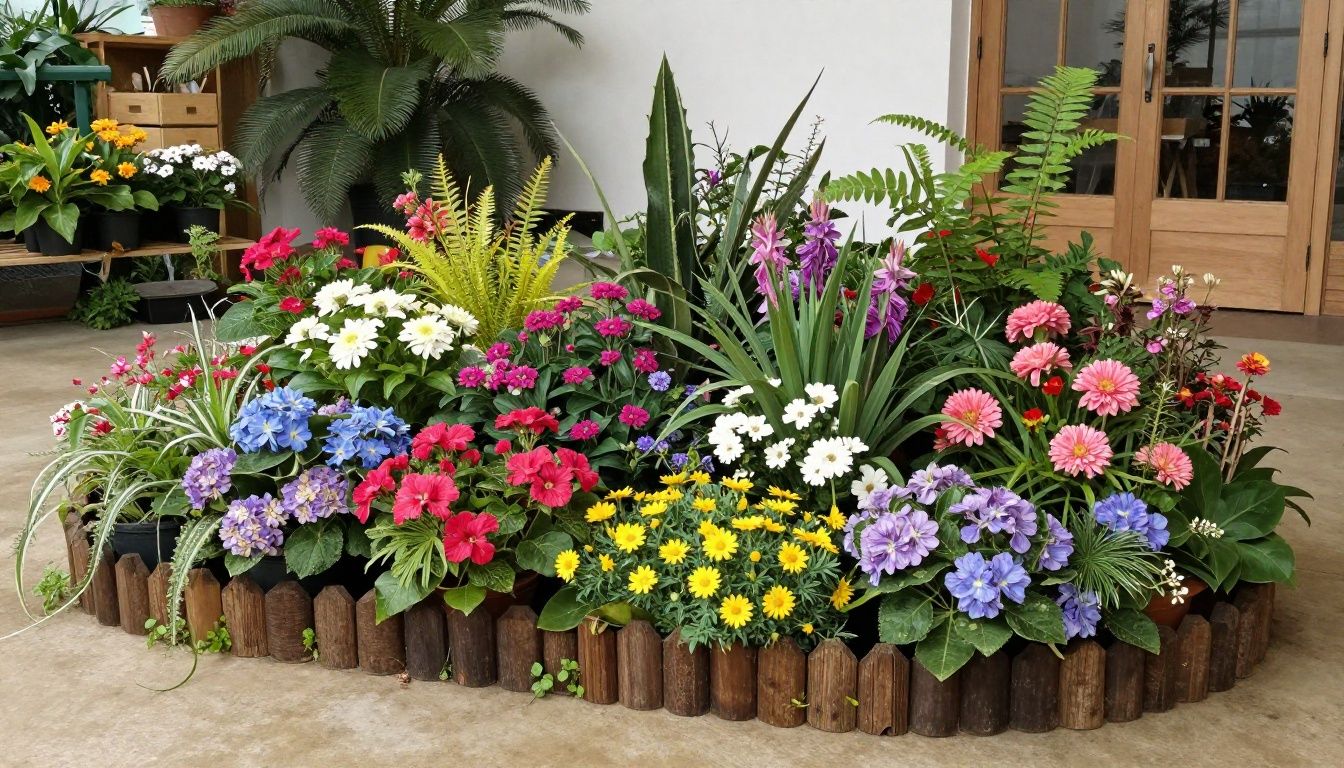 Um exuberante jardim virtual sendo restaurado com flores coloridas e elementos de design elegantes