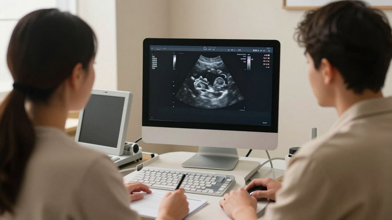 Profesional revisando una ecografía durante consulta prenatal