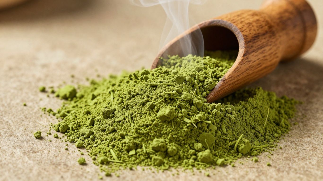 Premium organic matcha powder in a bamboo scoop.