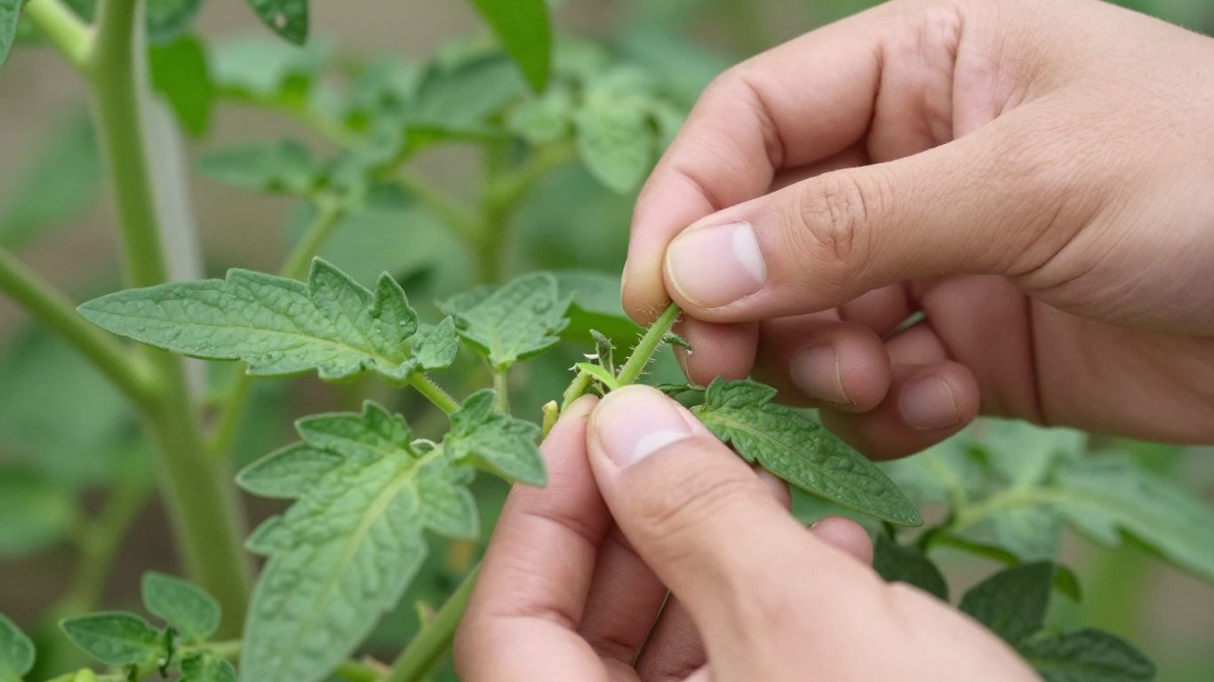 Gärtner zupft Seitentrieb von Tomatenpflanze ab