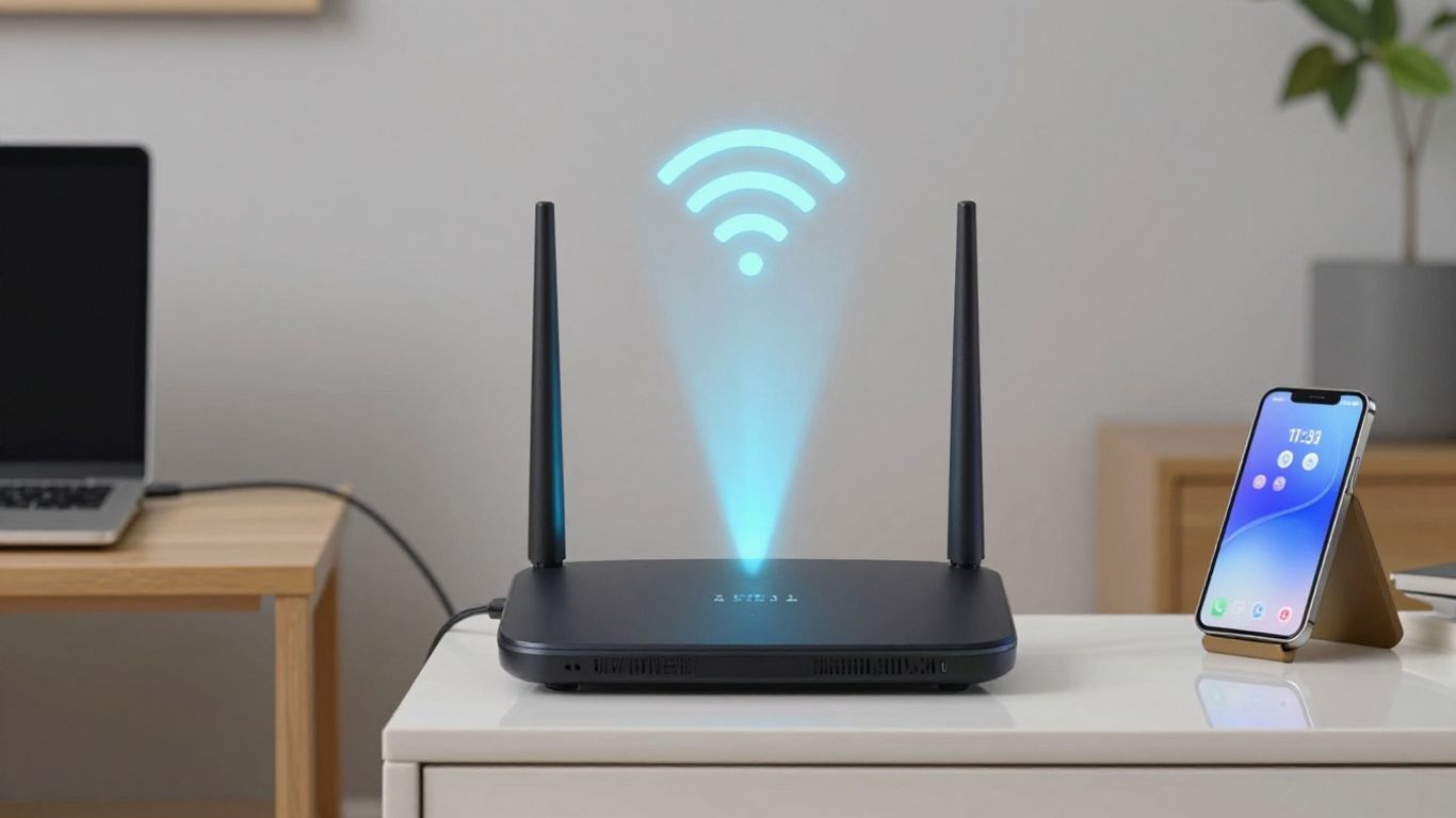 Router emitiendo señales Wi-Fi en una sala de estar.