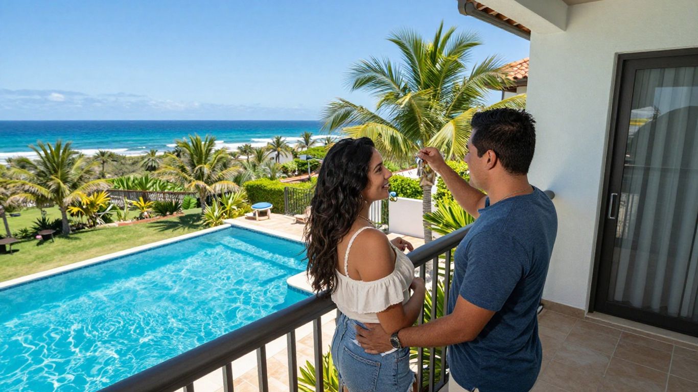 Couple holding keys to a beautiful second home by the ocean.