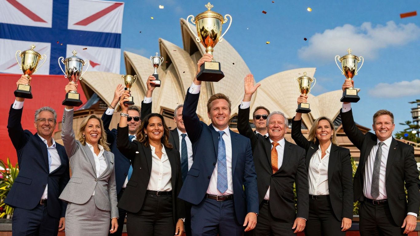Australian business awards celebration with trophies and landmarks.