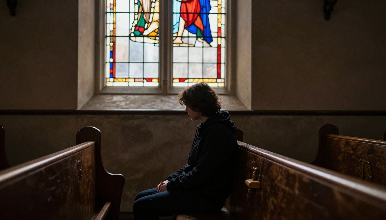 A single person sitting alone on a church pew, with soft light coming through a stained-glass window, conveying a sense of quiet reflection and solitude.