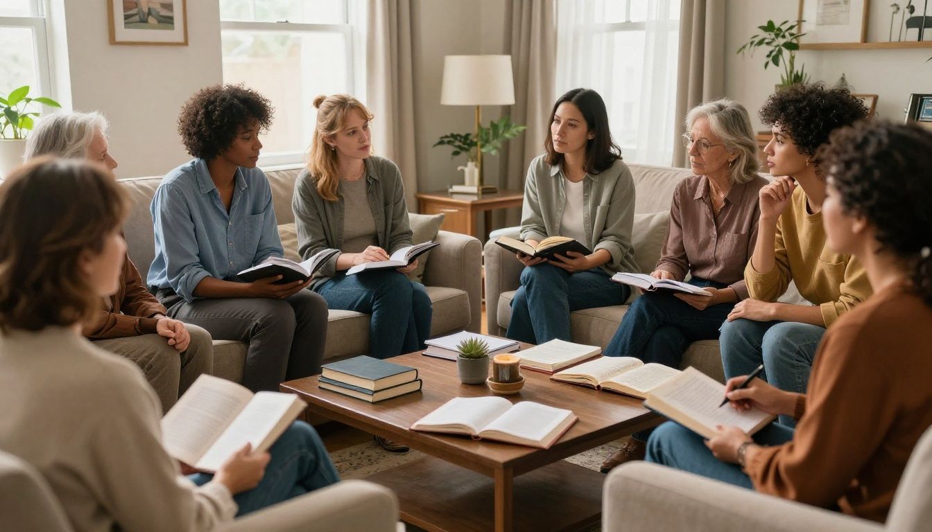 A warm, peaceful living room where a diverse group of adults sit together around a coffee table, Bibles and journals open, sharing and listening in thoughtful conversation bathed in natural light.
