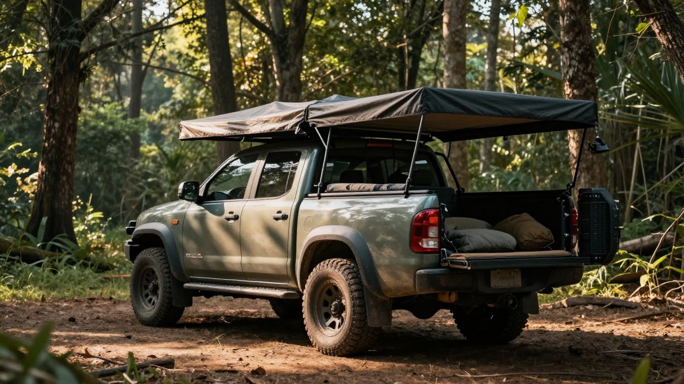 Pickup truck with canopy at a campsite