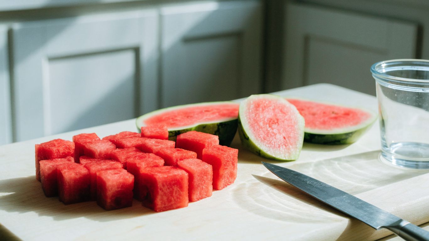 Watermelon flesh cut into even cubes on a pale maple board