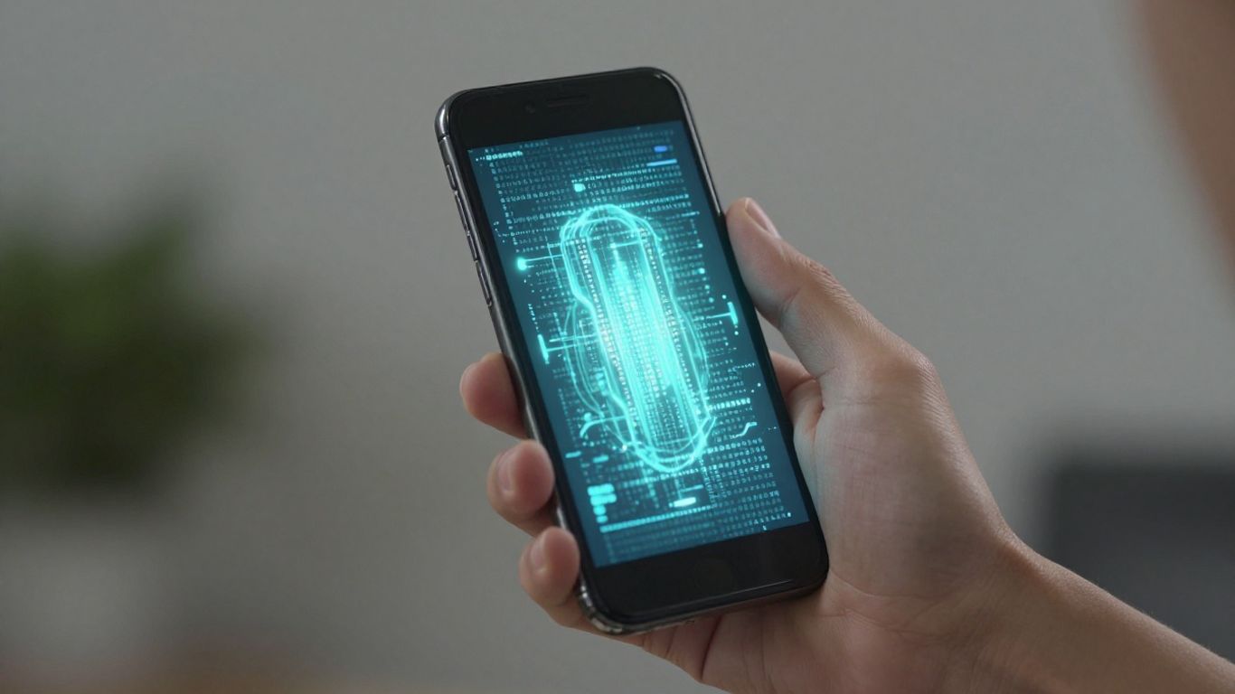 Mão segurando um celular com elementos digitais brilhantes.