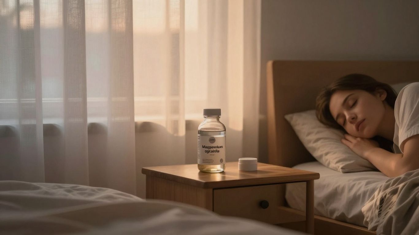 Liquid magnesium glycinate bottle near sleeping person.