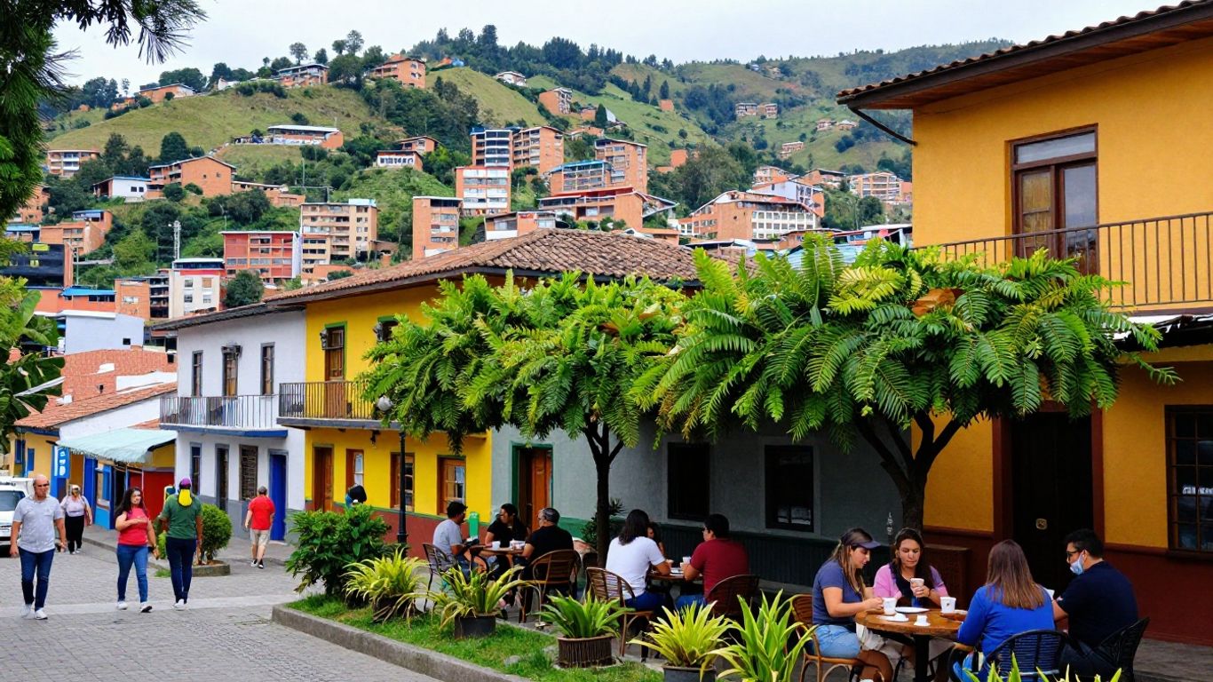 People enjoying coffee at outdoor cafes in El Poblado, Medellin.