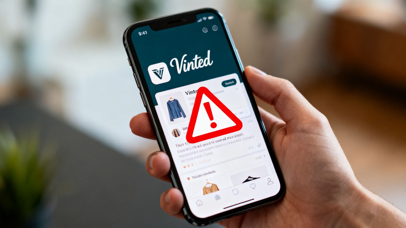 Vinted app med advarselssymbol på skærmen.