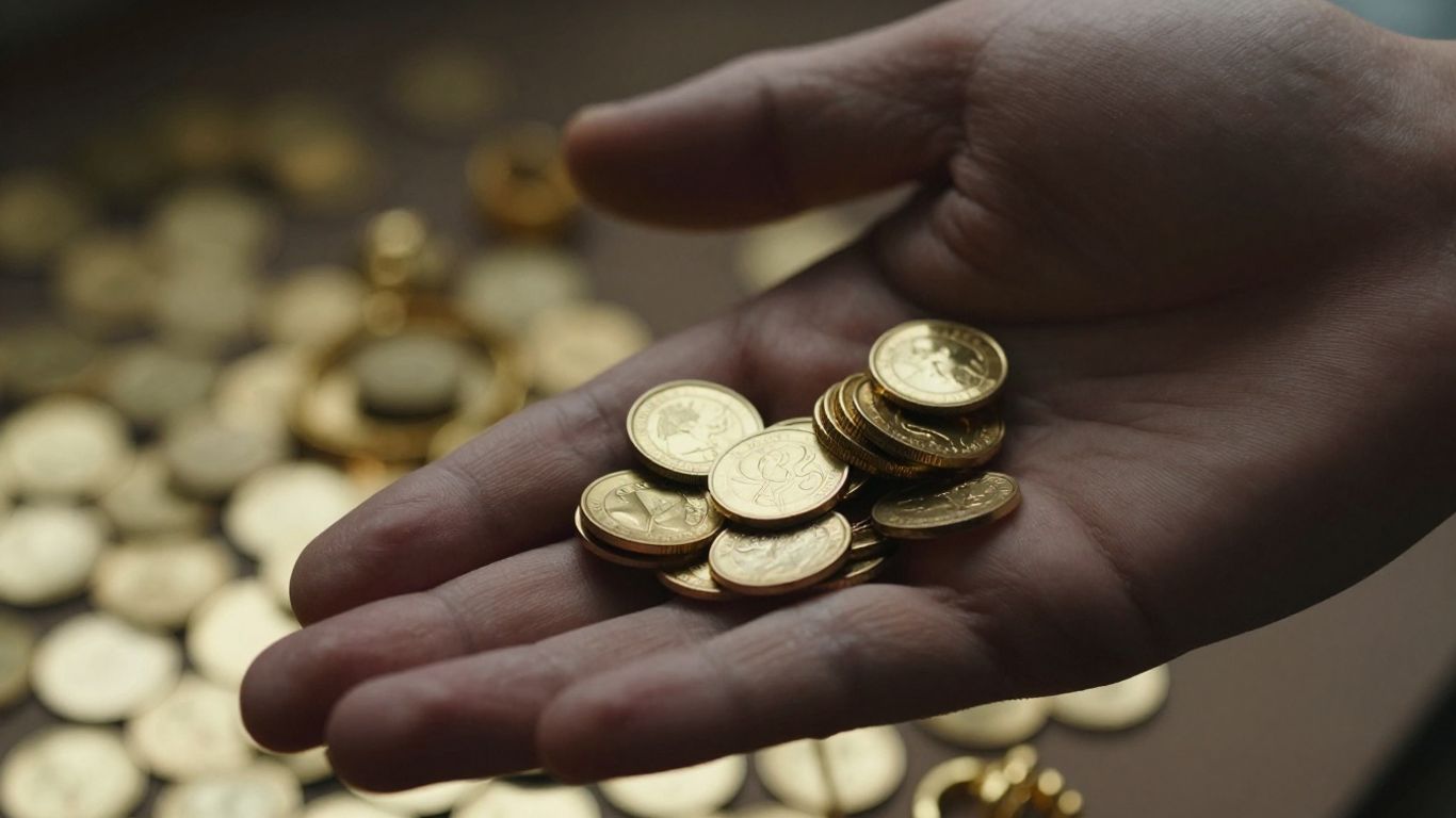 A mão de uma pessoa segurando moedas de ouro e joias.