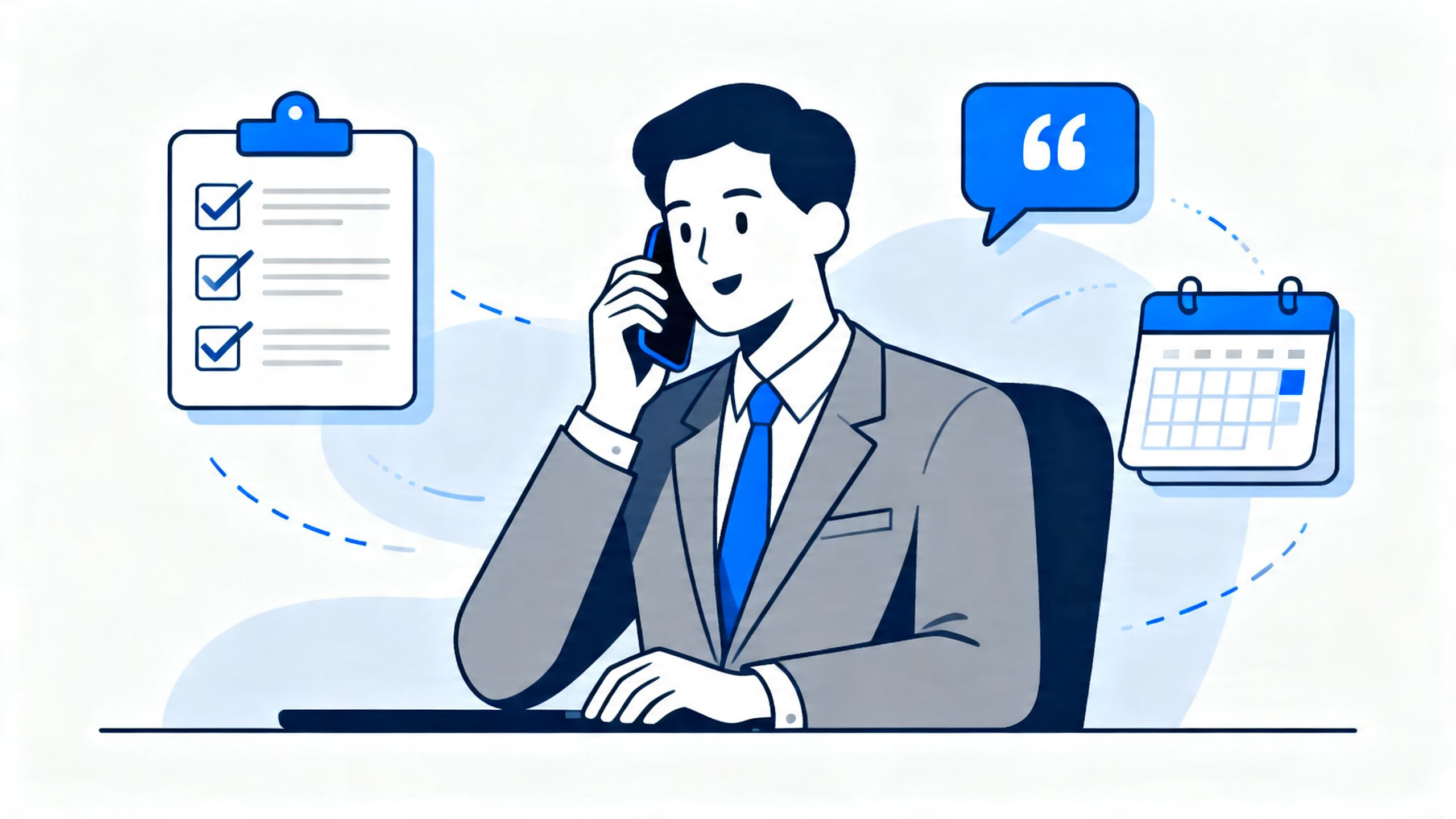 A business professional on a phone call, with icons representing tasks, reminders, and quotes floating around them, symbolizing efficient client management