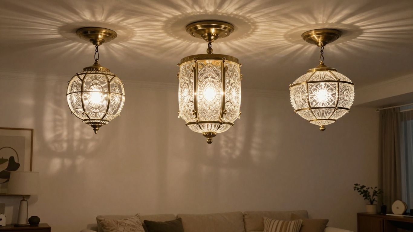 Glass ceiling light fixtures illuminating a modern living room.
