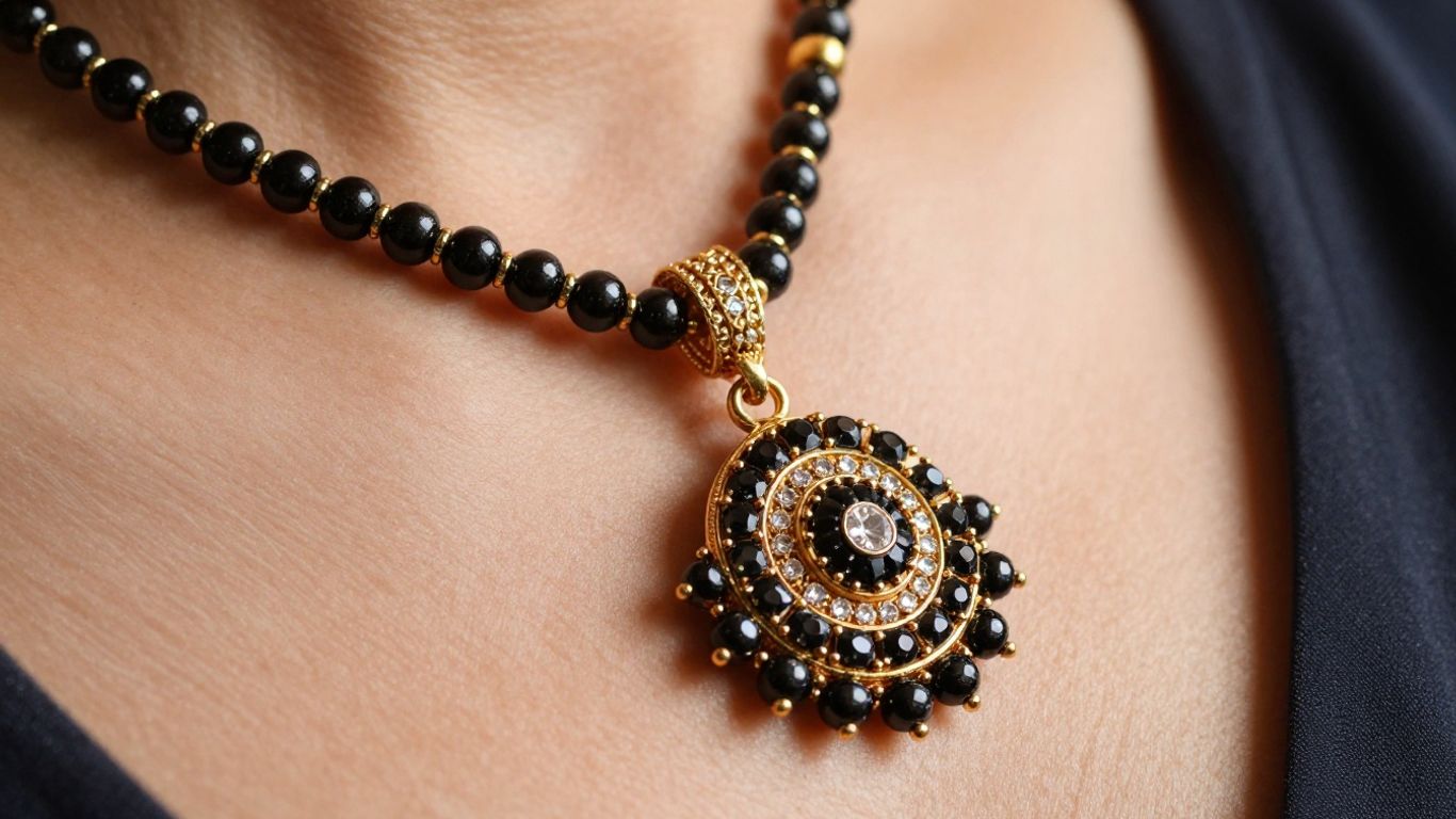 Elegant mangalsutra with gold, diamonds, and black beads.