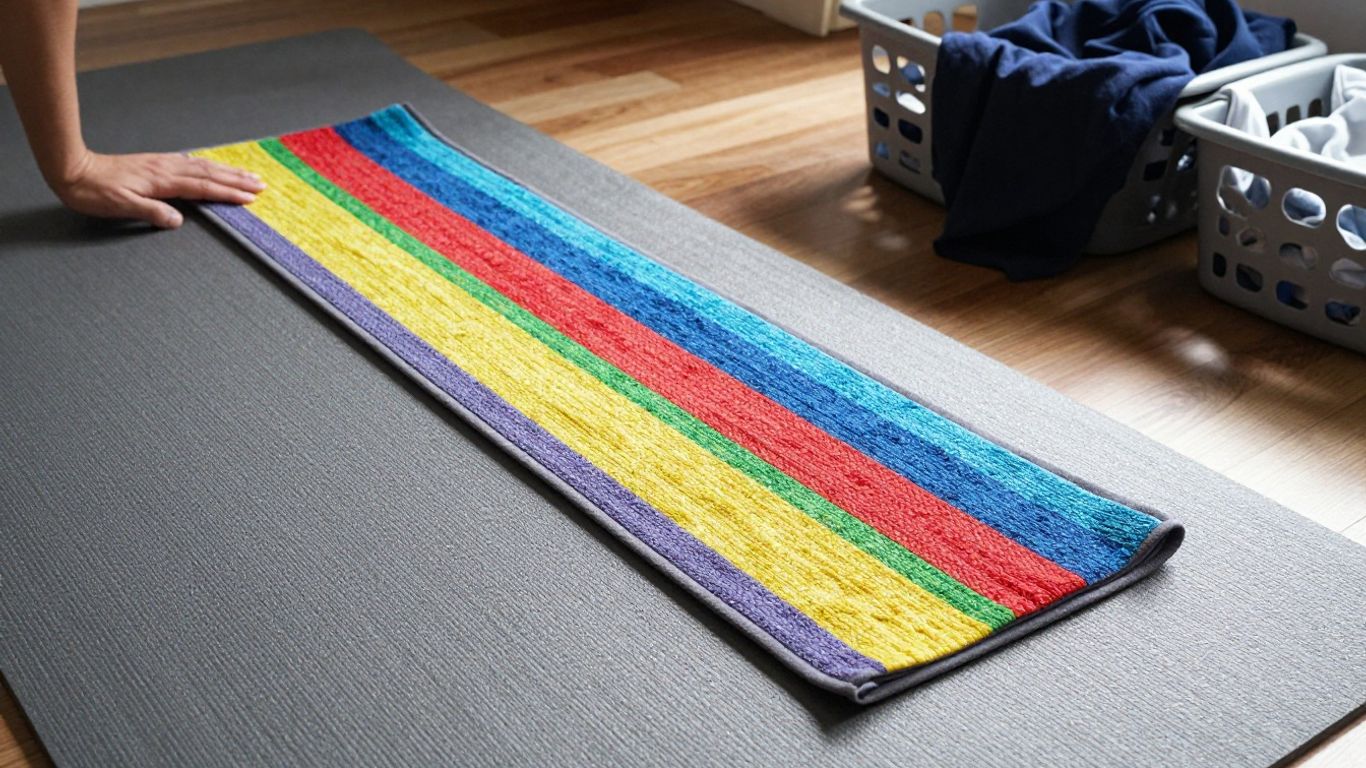 Yoga towel spread flat on practice mat