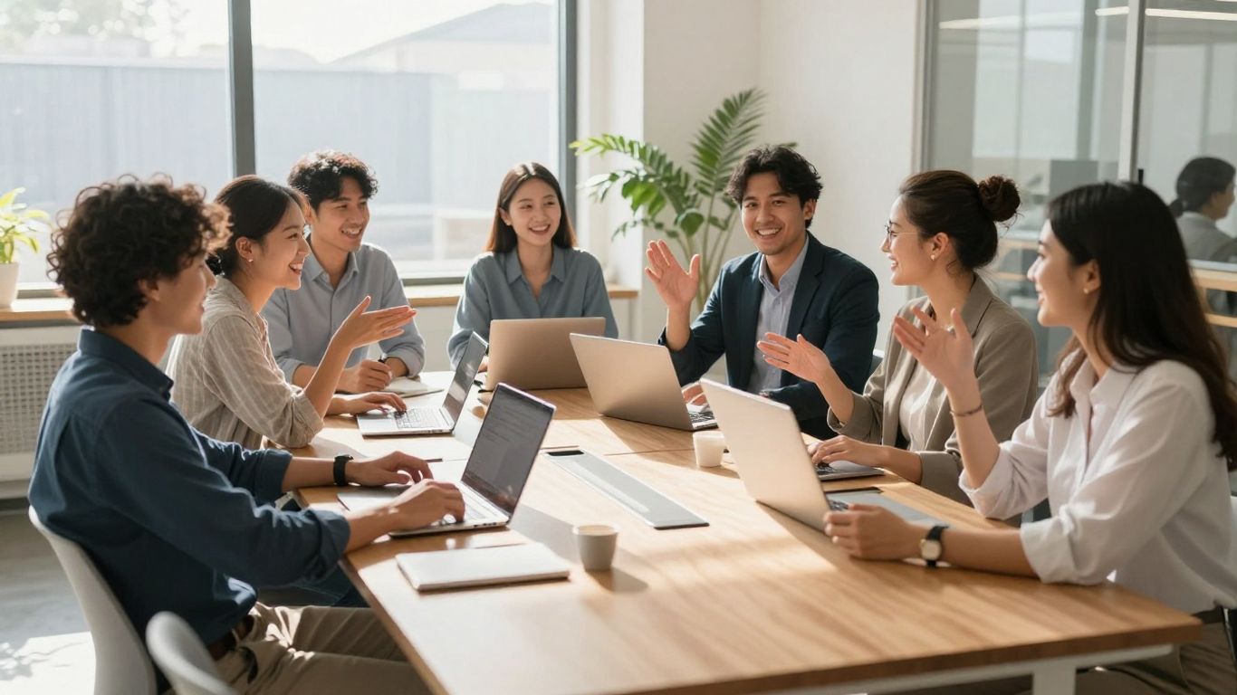 Team collaborating in a bright, modern office.