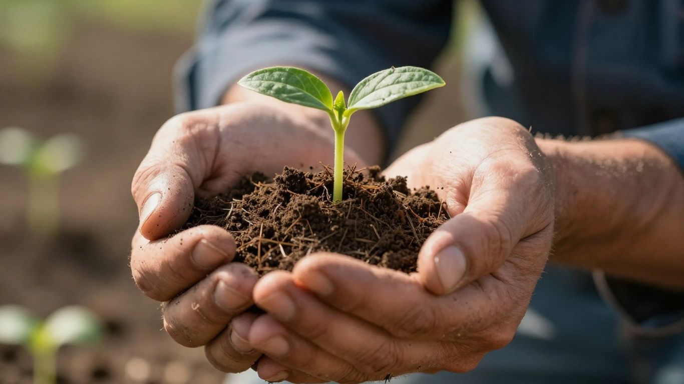 Mâini de fermier ținând pământ cu o mică plantă.