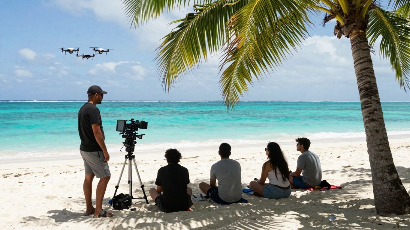 Équipe de tournage professionnelle sur une plage tropicale des Caraïbes.