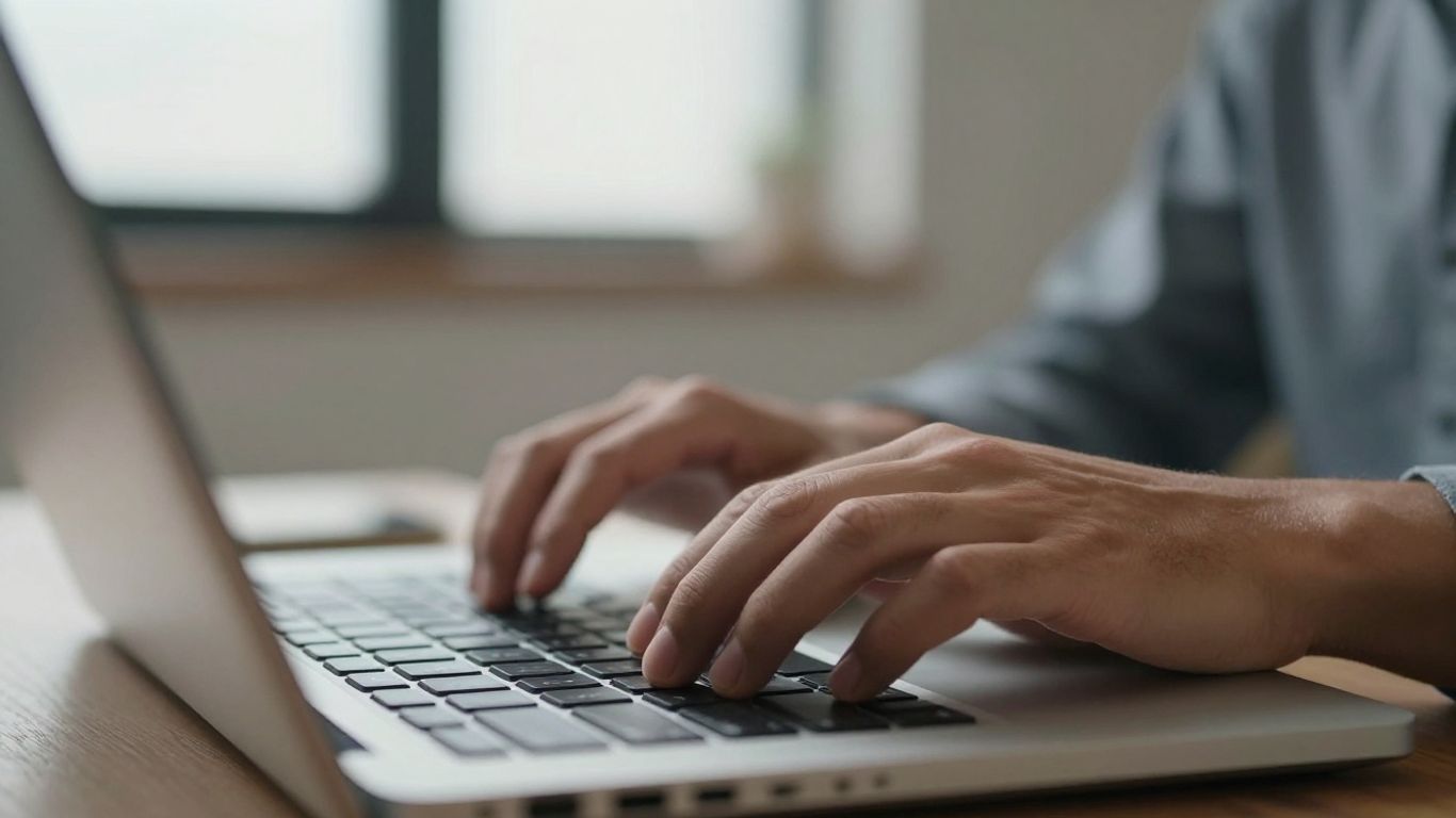 Person typing on a laptop keyboard, online potential.