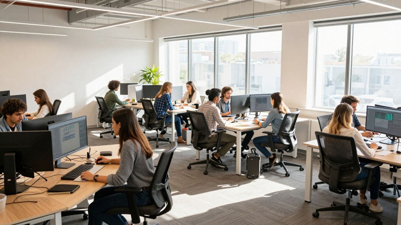 Diverse team collaborating in a modern, sunlit office.