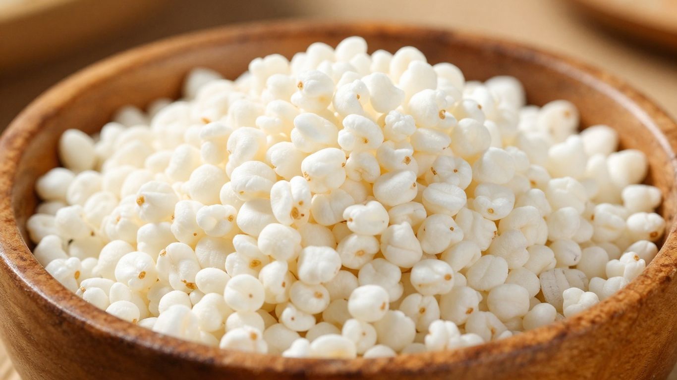Grãos de kefir em uma tigela de madeira rústica.