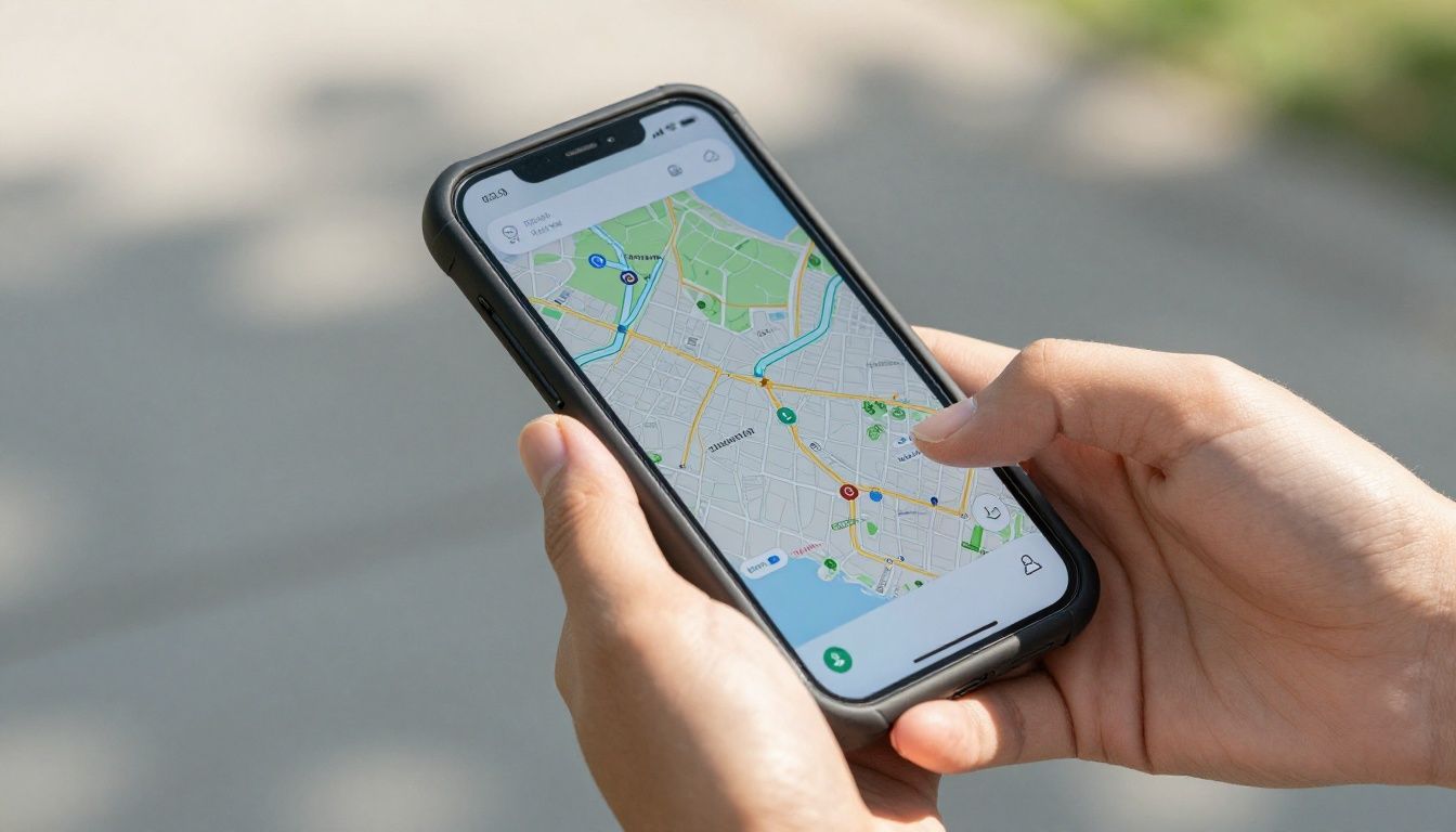 A close-up shot of someone's hands holding an iPhone 16 Plus in a durable-looking case, using it to navigate a map while outdoors on a sunny day.