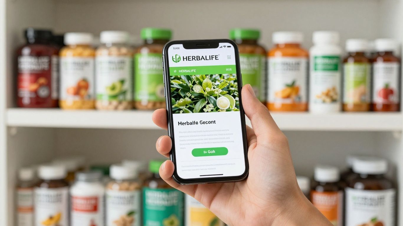 Herbalife products and online ordering on a smartphone.