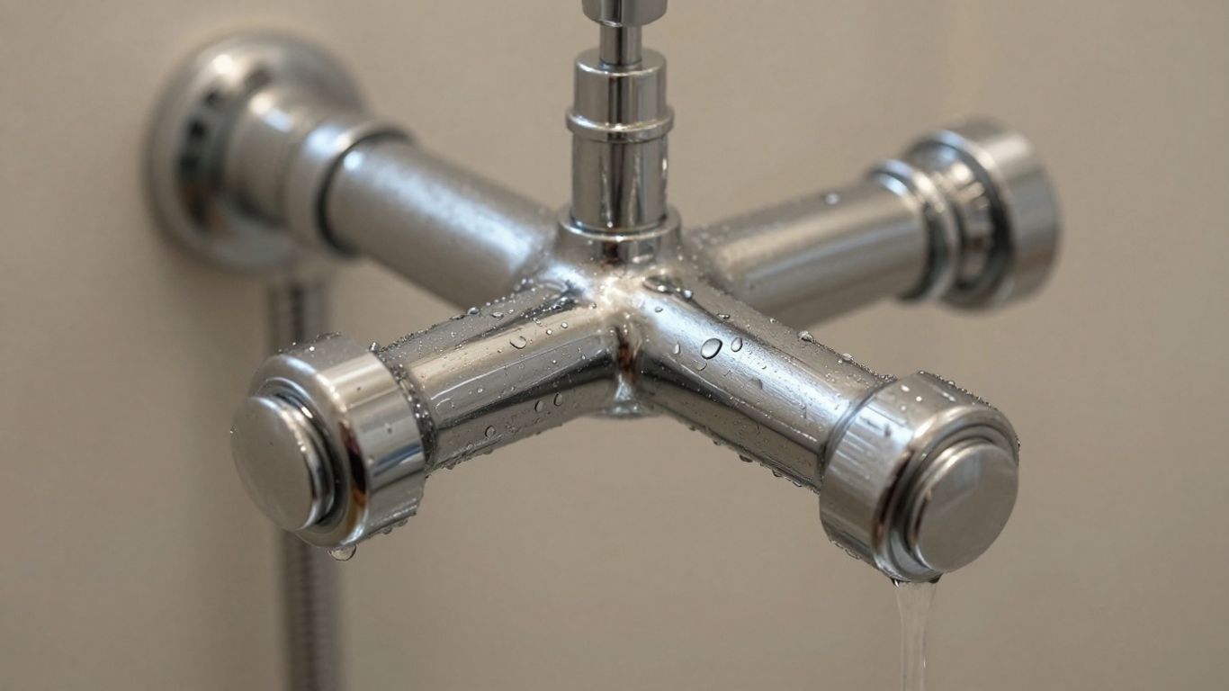 Polished thermostatic shower brass fixture with water droplets.