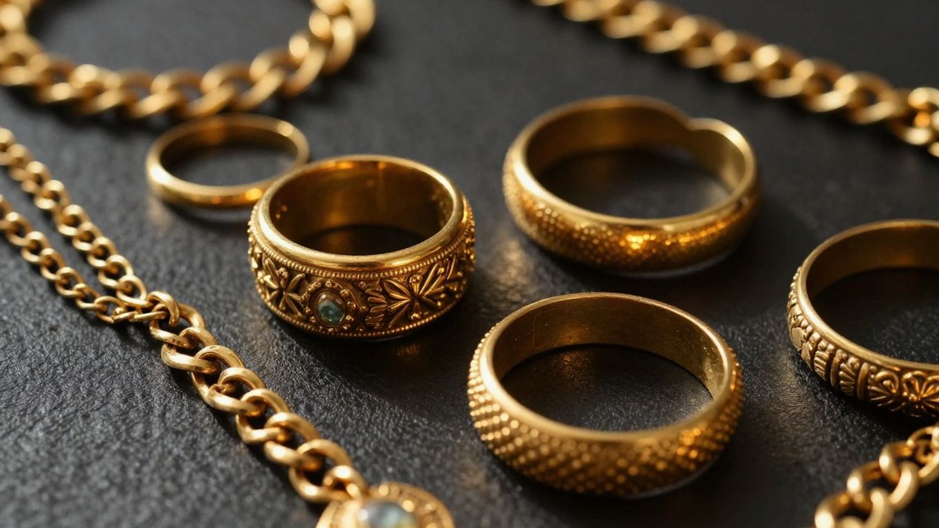 Joyas de oro antiguas, anillos, collares, pulseras.