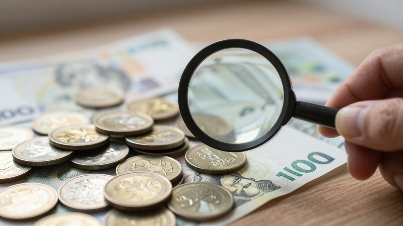 Magnifying glass over coins and banknotes.