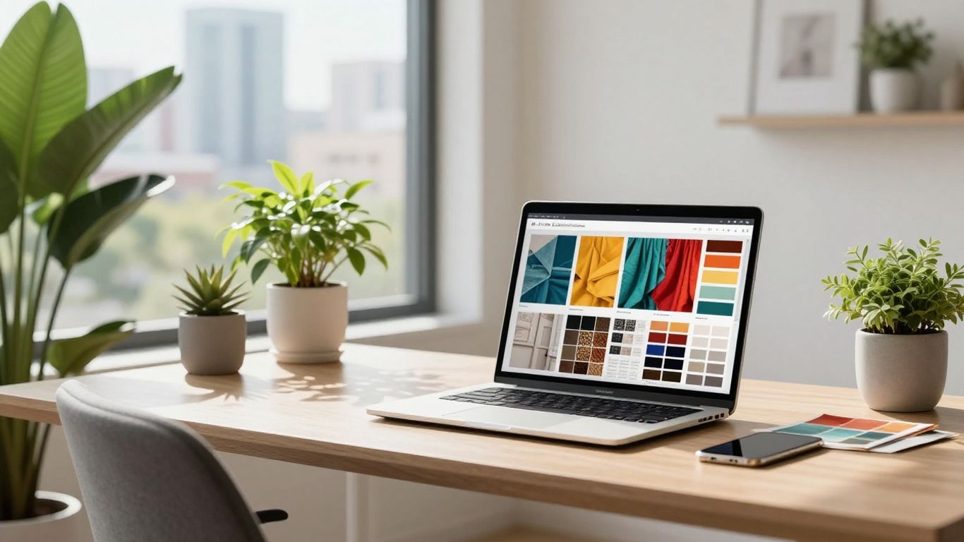 Remote interior design workspace with laptop and mood board.