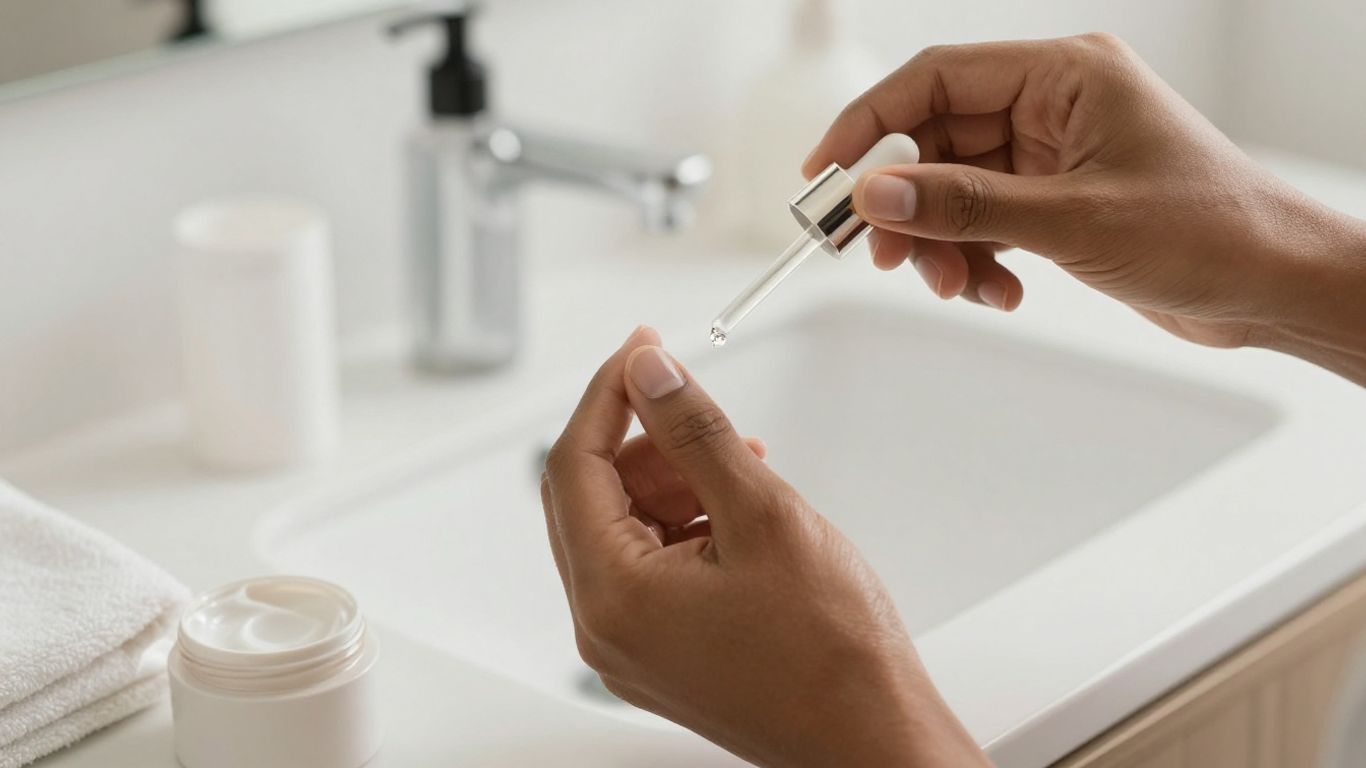 Person applying gentle facial serum in bathroom