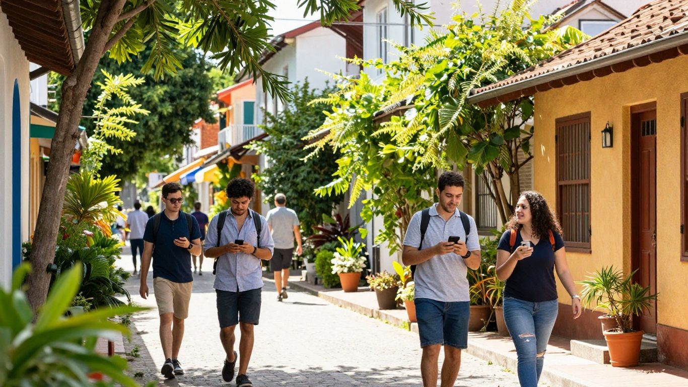 Pessoas usando smartphones para explorar o bairro e se conectar.