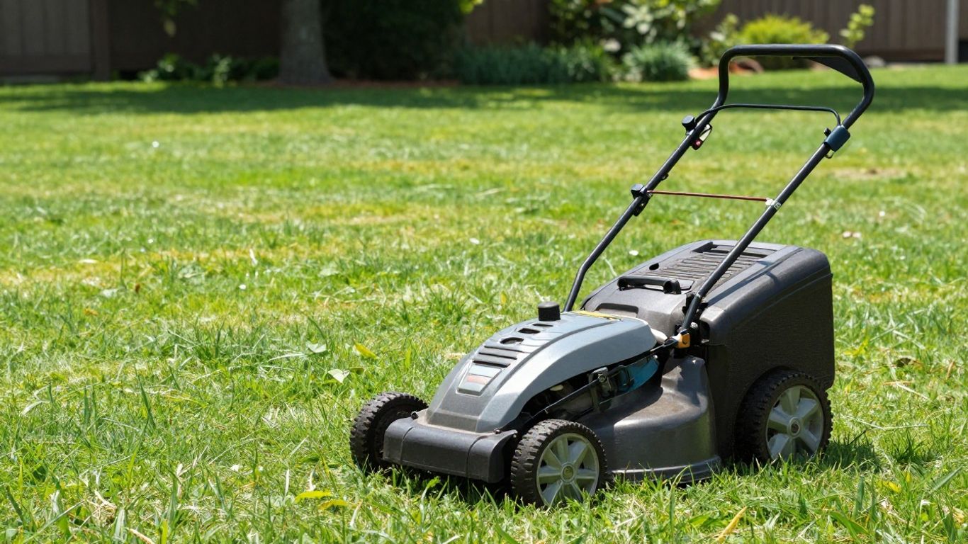 Lawn mower cutting green grass in a sunny yard.